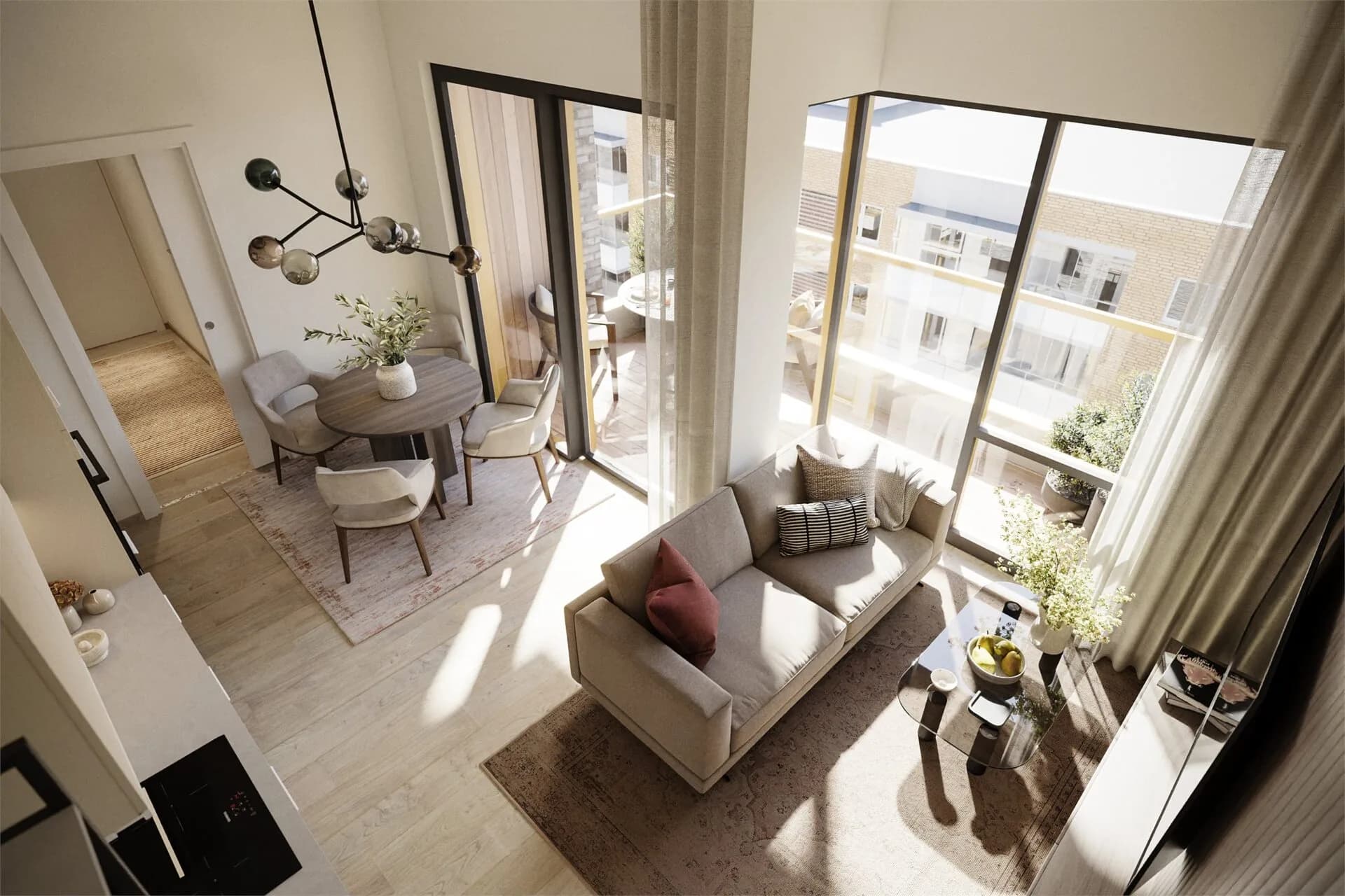 Living room and kitchen in the Nora listing in Oslo