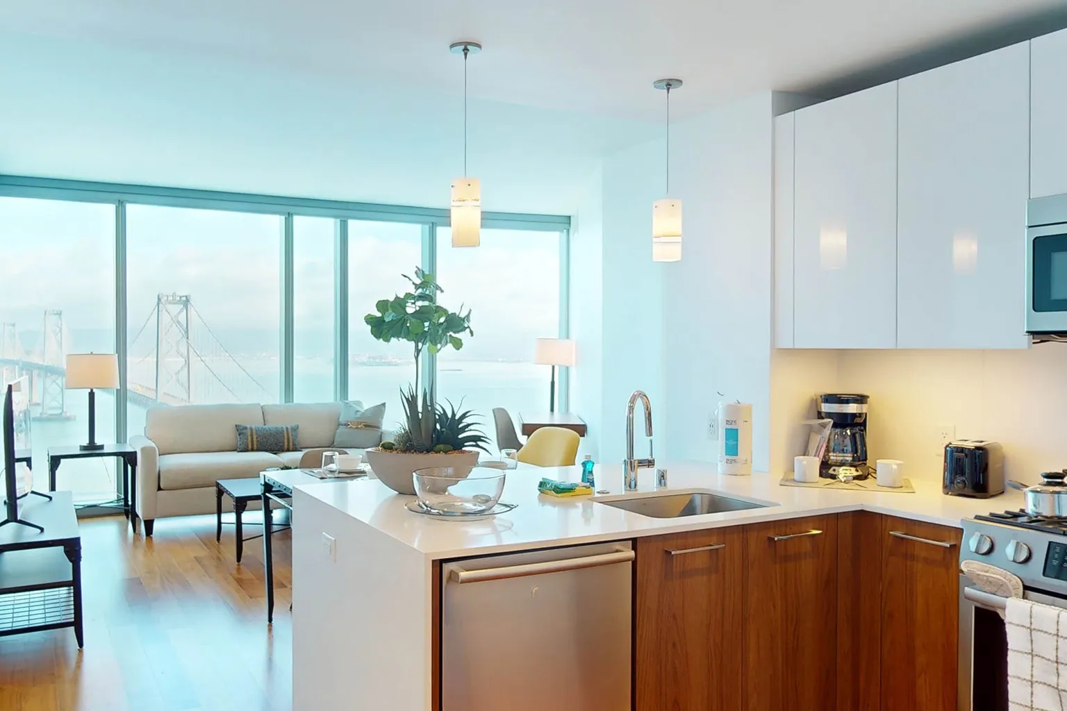 Bright living room with Bay Bridge view at 399 Fremont