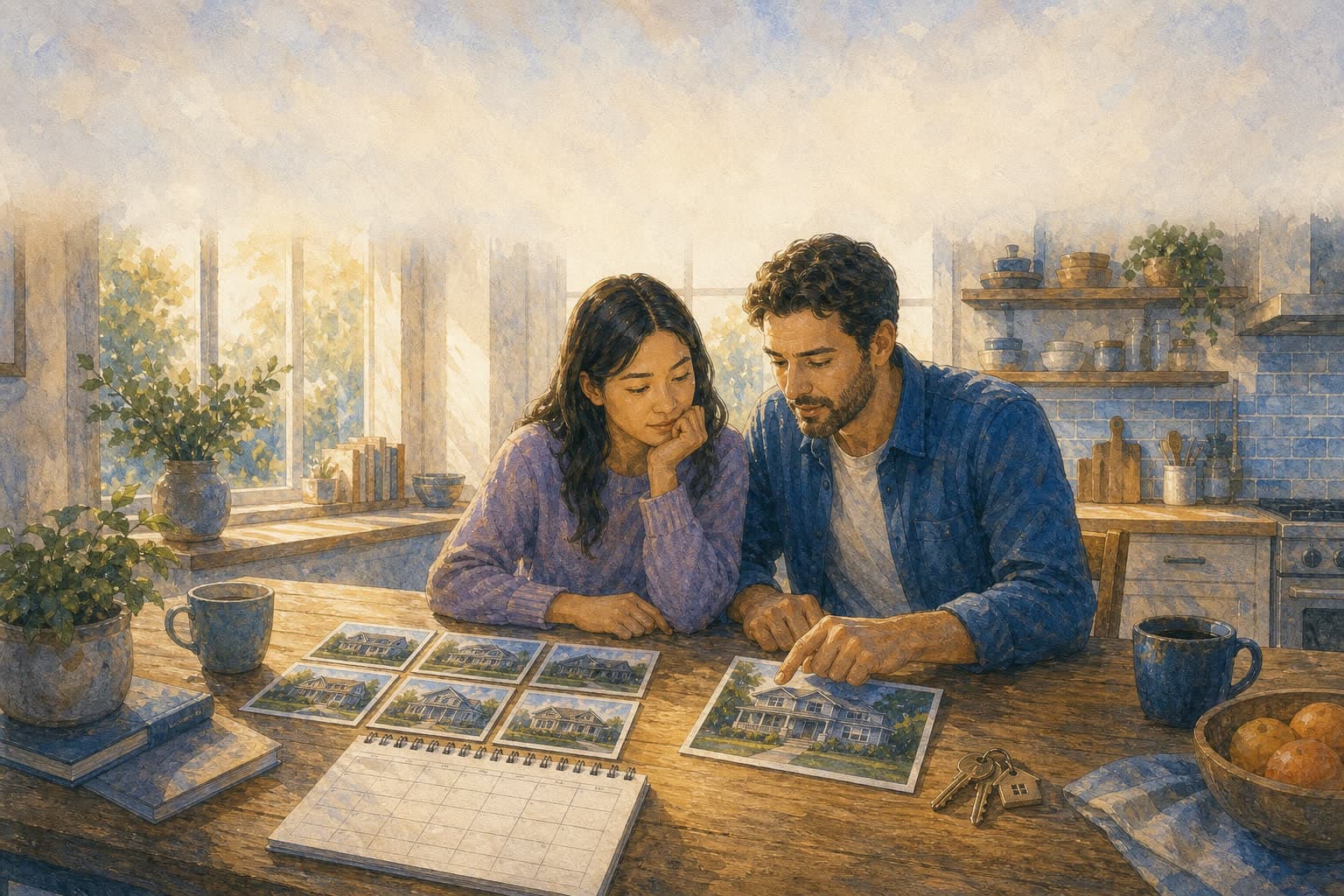 A couple comparing a sequence of home photographs before selecting the first property that clears their benchmark