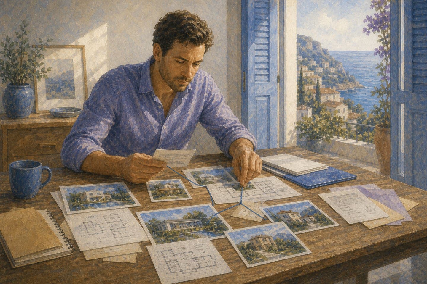 A buyer at a coastal table connects vacation-home photos to floor plans and source documents