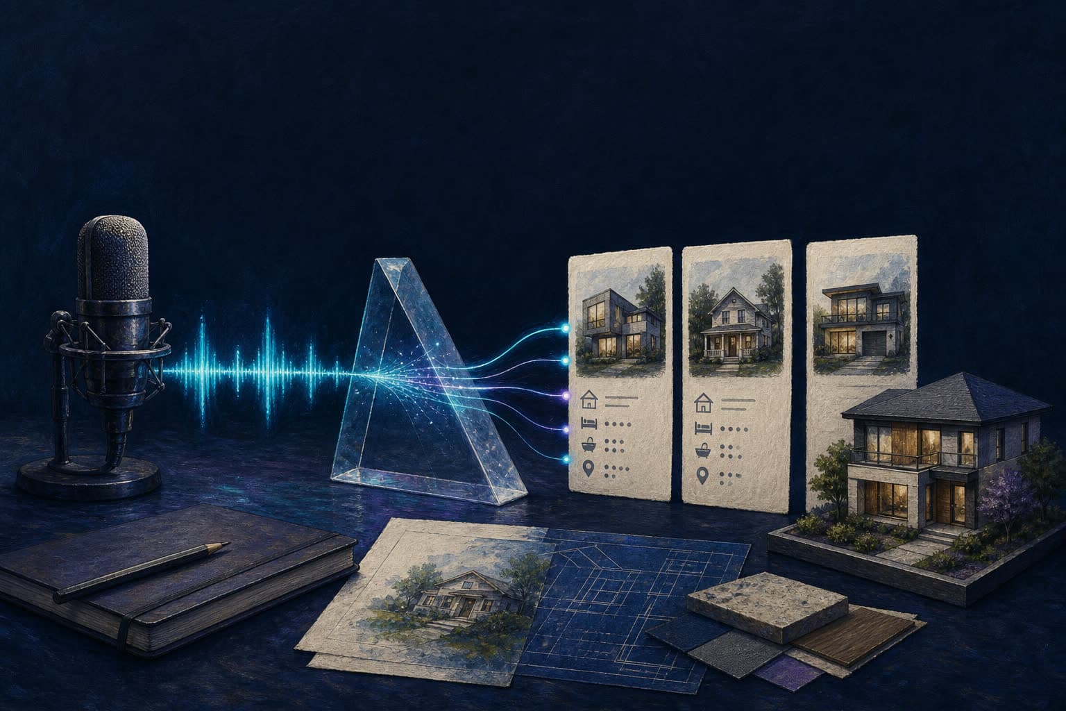 A microphone signal passing through a processing prism into structured property cards and a house model