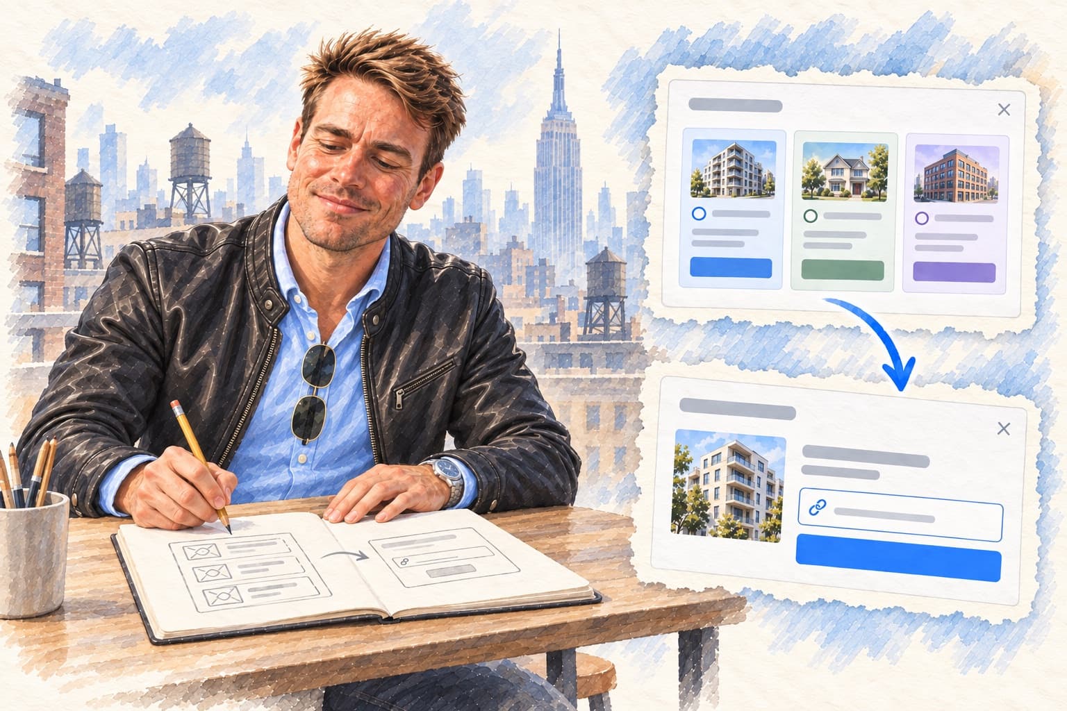Kristian sketching an interface in New York, with cutouts showing a simpler property-import dialog