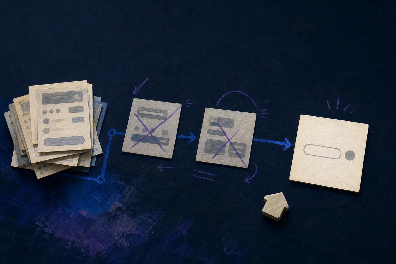 A trail of rejected paper interface concepts resolving into one simple input card