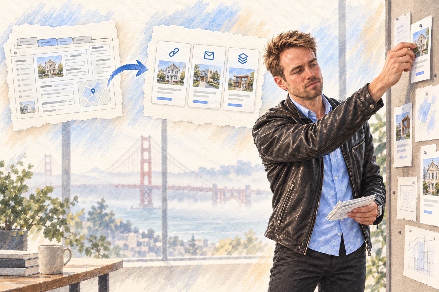 Kristian arranging interface sketches in San Francisco beside cutouts simplifying a complex form into three import cards