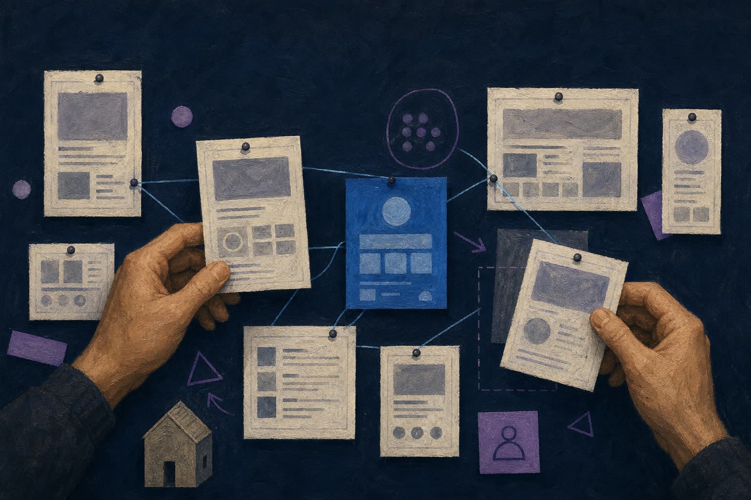 Hands rearranging connected paper interface prototypes on a dark design board