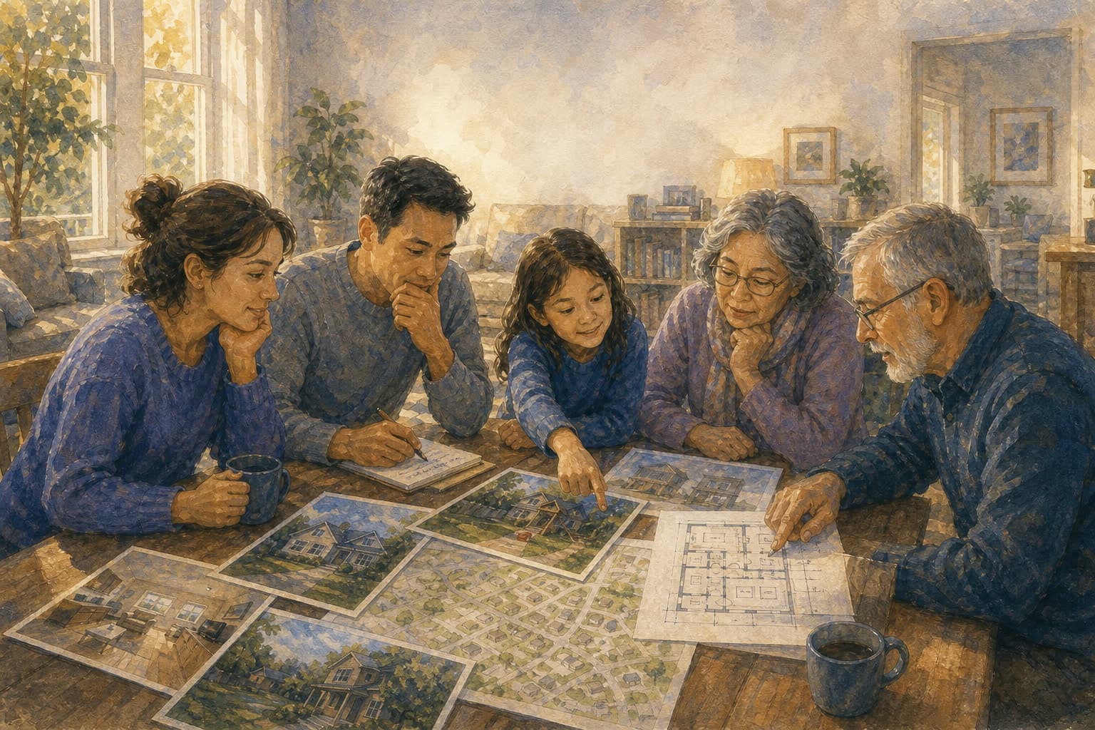 A multi-generational family comparing homes, a neighborhood map, and a floor plan together