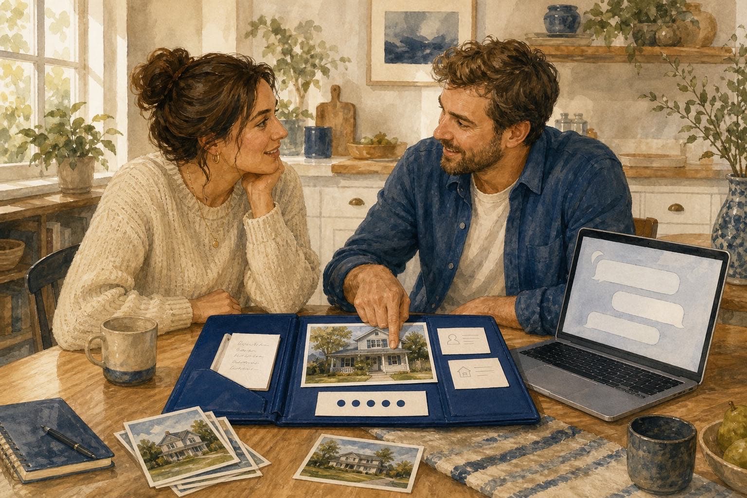 Two adults comparing saved property notes at a kitchen table with a laptop and printed home photos