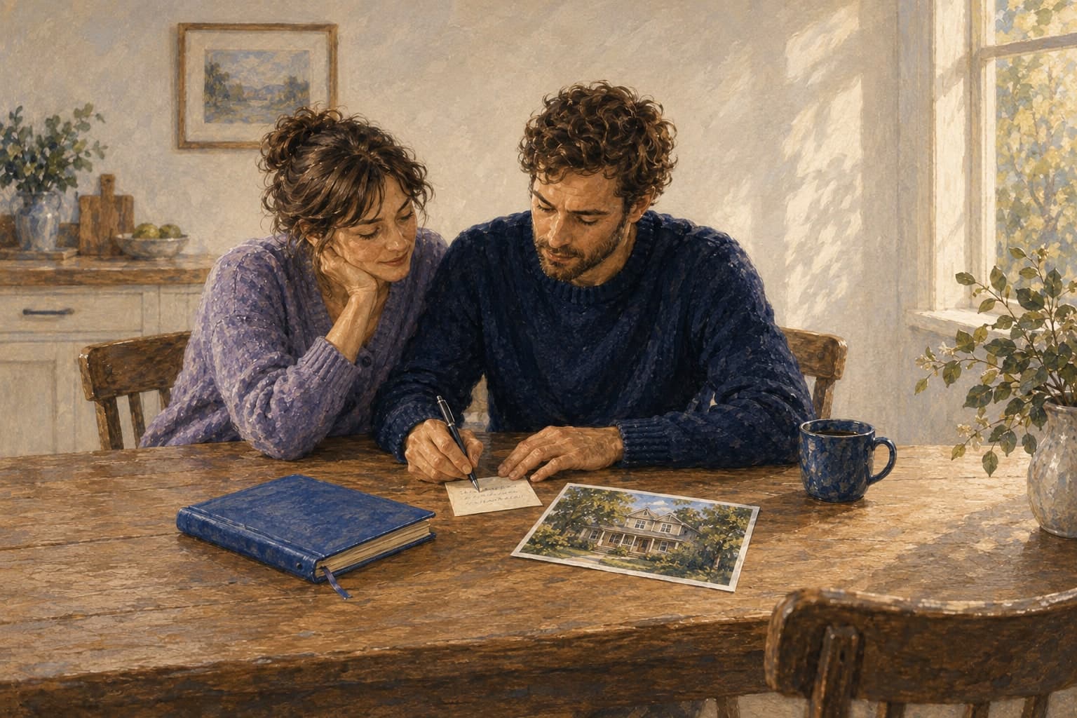 A couple leaving a short note beside a saved home photograph at their kitchen table
