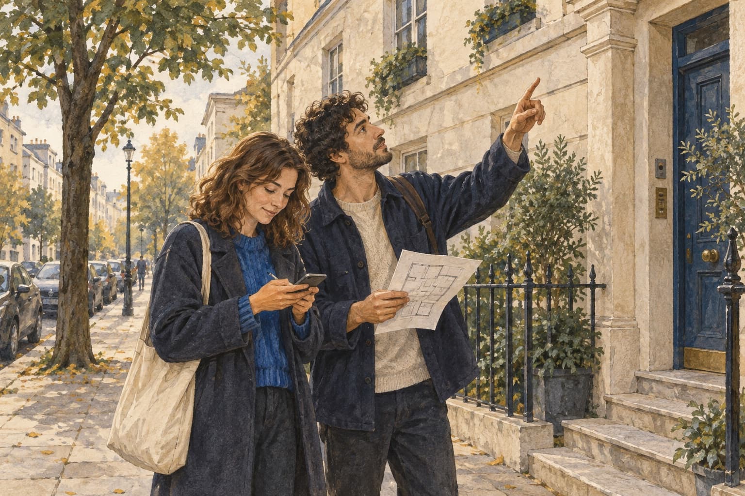 A couple pausing outside an apartment after a viewing to record their observations beside a floor plan