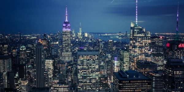 Manhattan skyline and dense New York neighborhoods