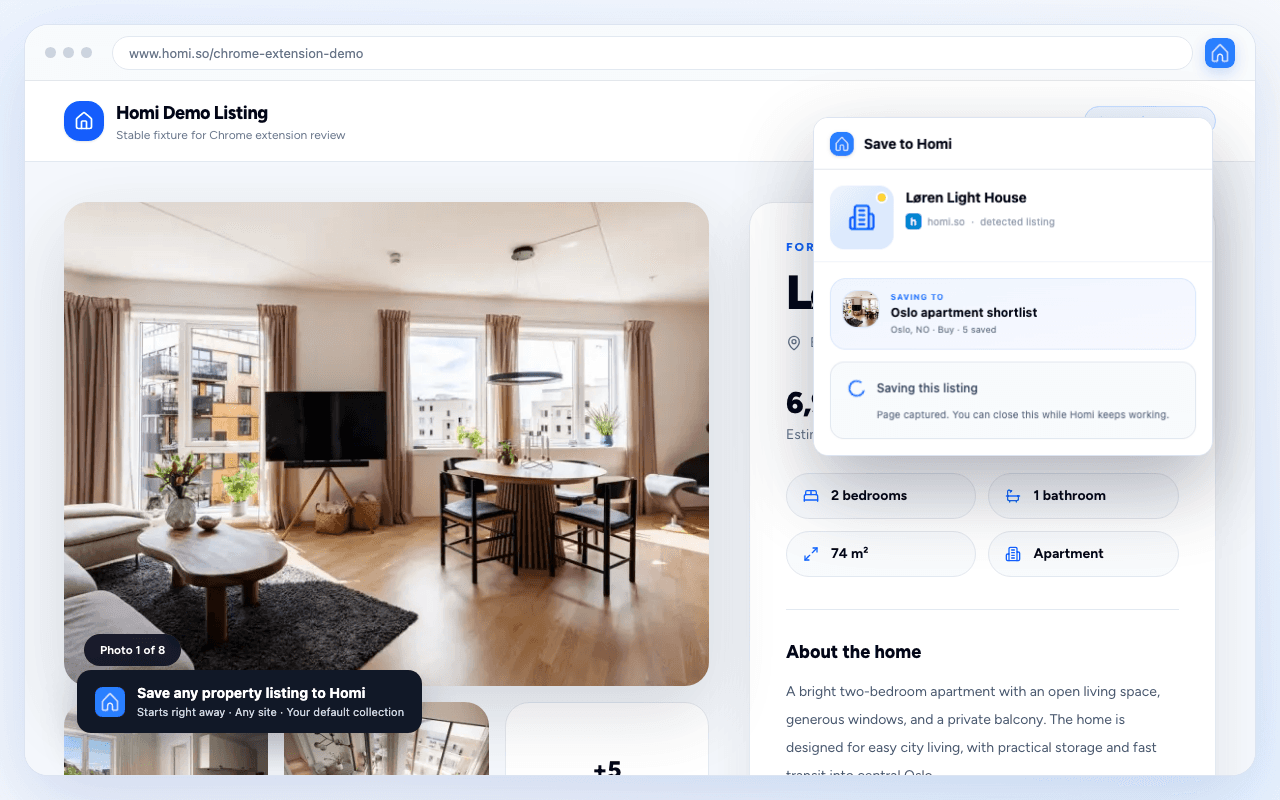 Homi Chrome extension saving a property listing to an Oslo apartment shortlist