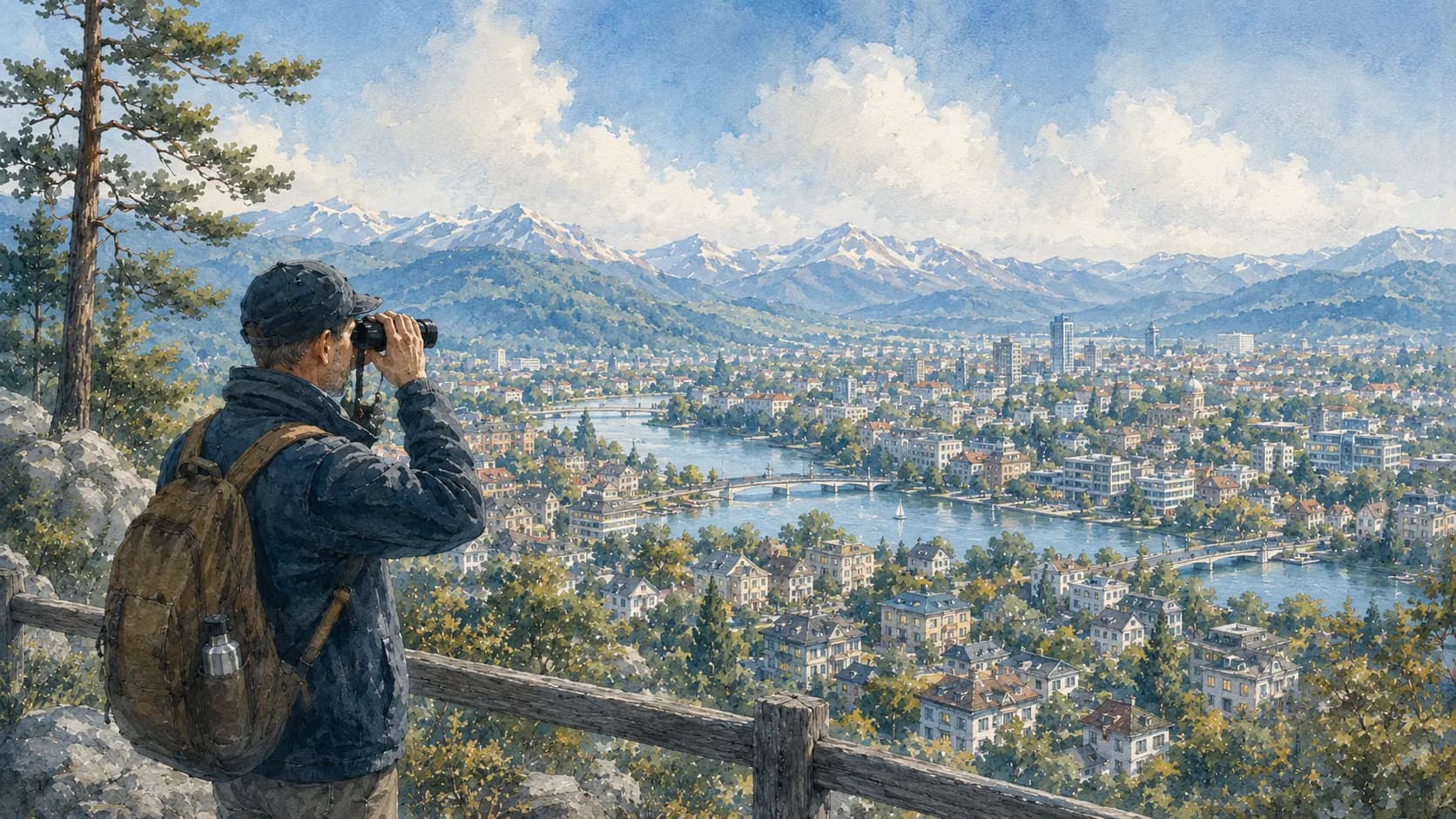 Watercolor illustration of a scout overlooking a city with binoculars